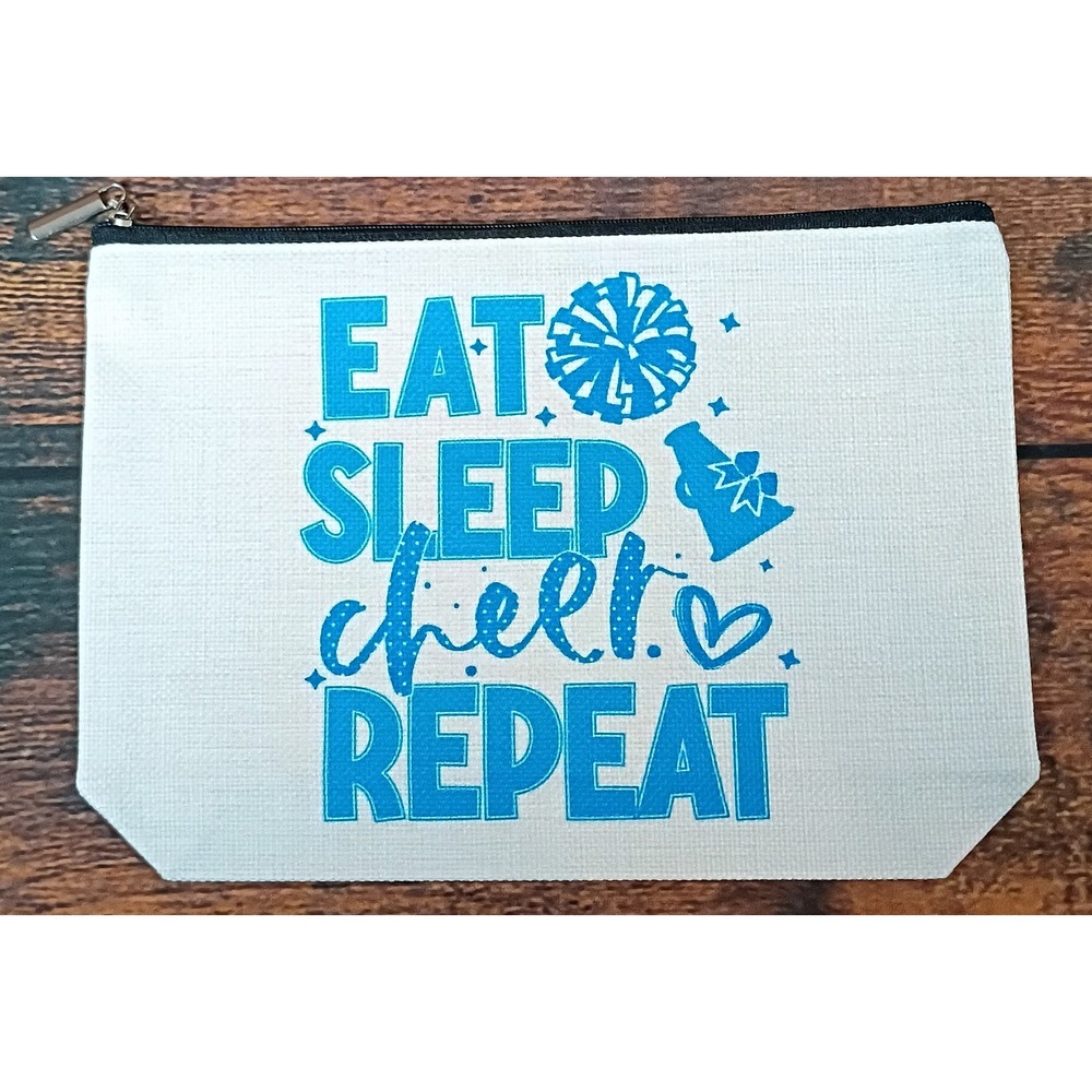 Eat Sleep Cheer Repeat Canvas Makeup Bag Blue Cheerleading Pouch Organizer‎